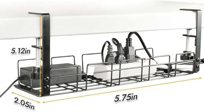 Under Desk Cable Management Tray No Drill - 15.7'' Long 5.1'' Wide Workspace Organizers, Pc Accessories, Steel Cord Organizers, 4 Cable Holder, 12 Roll Cable Organizer Straps(Black)