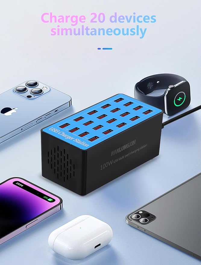 USB Charging Station,100W 20-Port Multi Smart Safety Fast Charger Station for Phone Tablet Watch Headphone PS, Compact Desktop Charger Home Office Travel