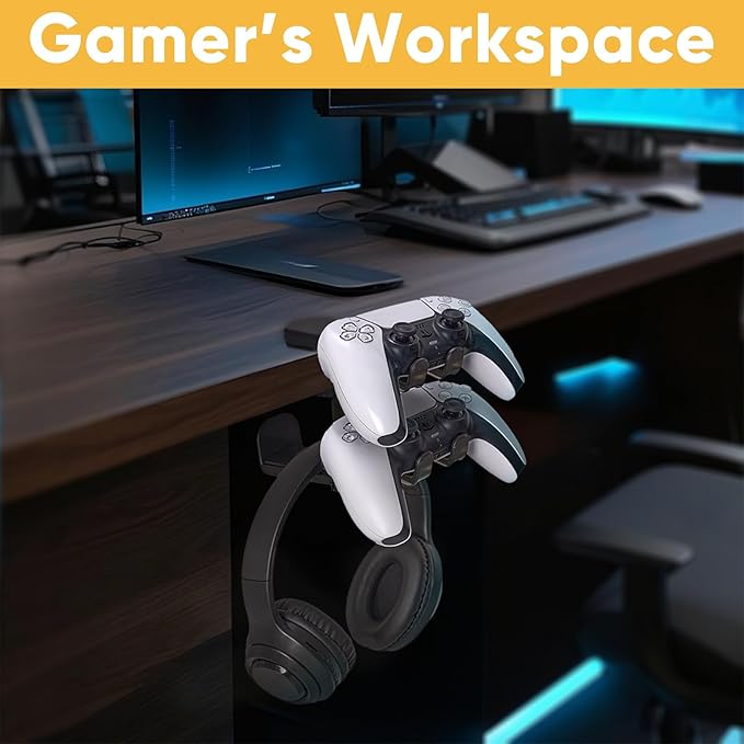 3 in 1 Under Desk Headphone Hanger with Adjustable Clamp Mount, 2 Controller Slots & 1 Headset Universal Holder Stand, Rotatable Hook Rack & Cable Organizer, for Home Gaming Xbox ps5 - Black