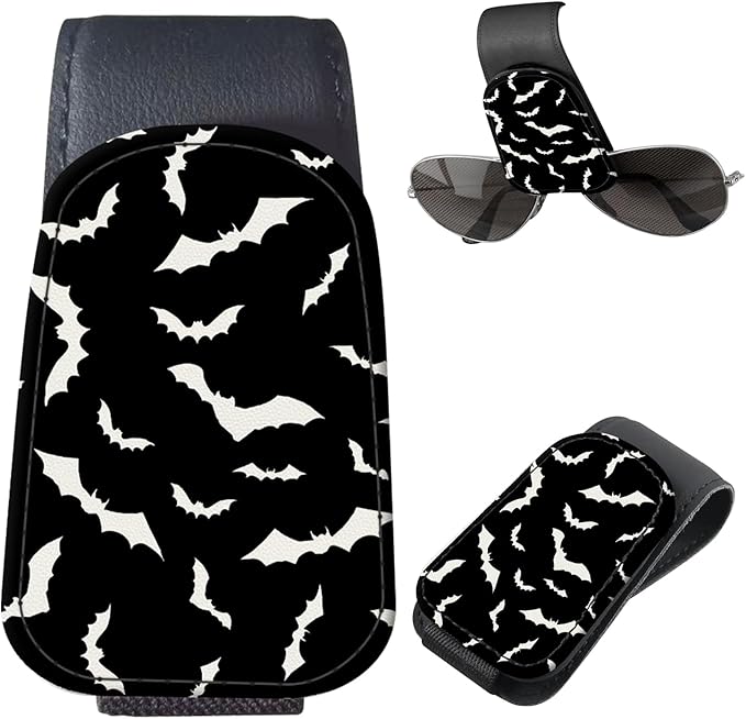 Sunglasses Holder for Car Visor, PU Leather Glasses Clip Organizer, Cute Magnetic Eyeglass Holder for Vehicle Sun Visor, Car Interior Accessory for Women & Men Black Bats Pattern