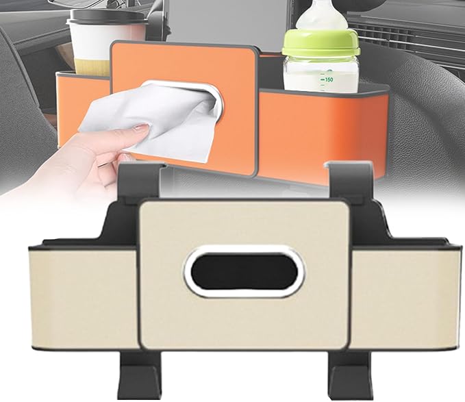 Car Organizer and Storage Box Back Seat, Car Organizer and Storage Box, 3-in-1 Car Seat Back Storage Box, with 2 Cup Holders, Tissue Box and Hooks, Smart Over-Seat CarOrganizer (1, White)