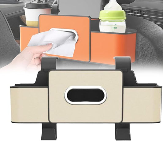 Car Organizer and Storage Box Back Seat, Car Organizer and Storage Box, 3-in-1 Car Seat Back Storage Box, with 2 Cup Holders, Tissue Box and Hooks, Smart Over-Seat CarOrganizer (1, White)