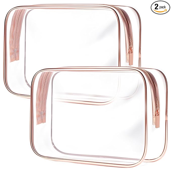TRODANCE Clear Toiletry Bag, 2 Packs TSA Approved Water resistant Travel Organizer, Airport Airline Travel Essential Carry On Makeup Cosmetic Bags for Women, RosePink - 2 packs