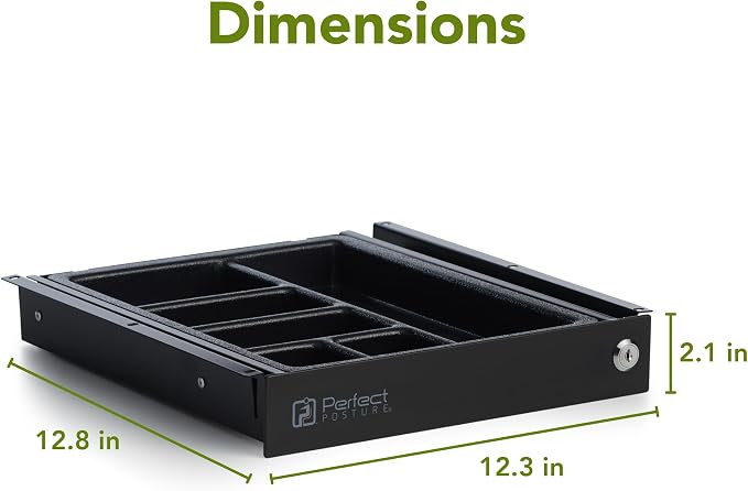 PERFECT POSTURE Max Under Desk Storage Drawer – Large Desk Drawer with Lock for Regular & Sit-Stand Standing Desks, Black (12.3” x 12.8”)