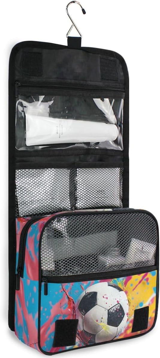 Hanging Travel Toiletry Bag Kit Boys Makeup Case Cosmetics Organizer for Men Women (Soccer Colorful)