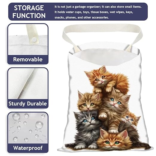 Cute Overlay Cat Car Trash Bag Hanging Garbage Bag with Snap Buttons Car Back Seat Trash Storage Portable Dustbin Vehicle Trash Can Bag for Vehicle Accessories Travel Camping