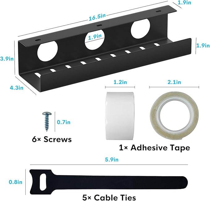 Self-Adhesive Under Desk Cable Management Tray 2 Pcs Steel Under Desk Wires Organizer Power Strip Management No Drill Under Table Organizer for Cable Storage Holder for Office Home Table