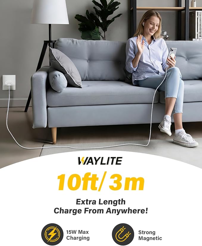 10FT Magnetic Wireless Charger Charging Pad - 15W Fast Phone Charger Puck for Apple iPhone 17 16 15 14 13 12 Series & AirPods 4 3 2 Pro, Phone Charging Pad with Plug for Desk & Travel, 2Pack White