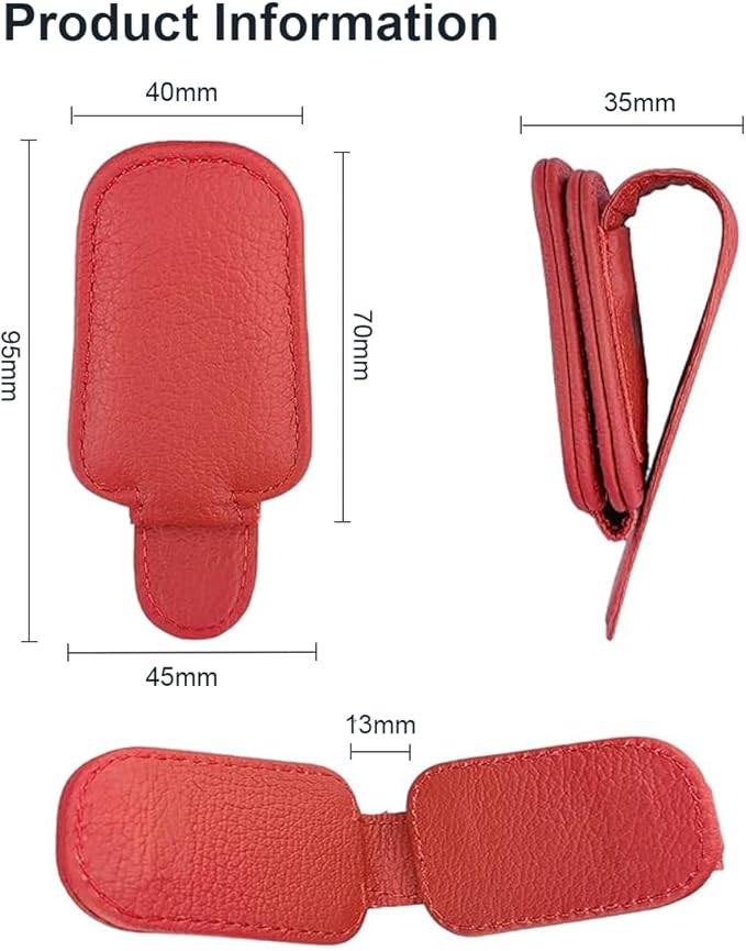 Sunglass Holder for Car, Magnetic Leather Sunglasses Clip for Car Visor, Eyeglass Hanger Clip for Car Sun Visor (Red 2 Pack)