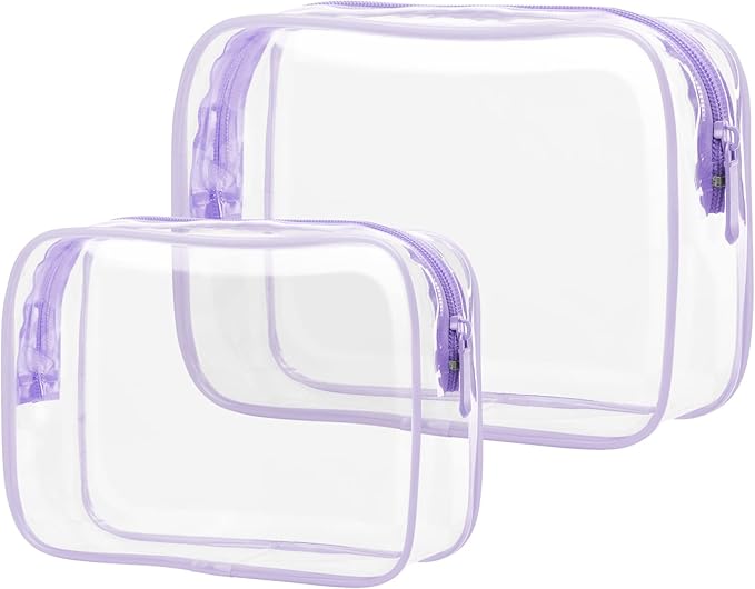 PACKISM Clear Makeup Bag 2 Pack - Quart Size TSA Approved Toiletry Bag with Metal Smooth Zipper, 3-1-1 Airline Compliant Security Travel Cosmetic Bag for Carry On Liquids, Light Purple