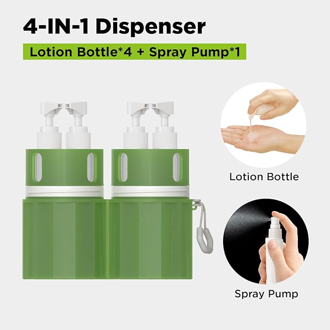 4 in 1 Travel Dispenser Bottle,TSA Approved Refillable Travel Size Toiletries Bottles Set with Suction Cup for Smooth Walls - for Shampoo,Conditioner,Body Wash,Lotion.(Green)
