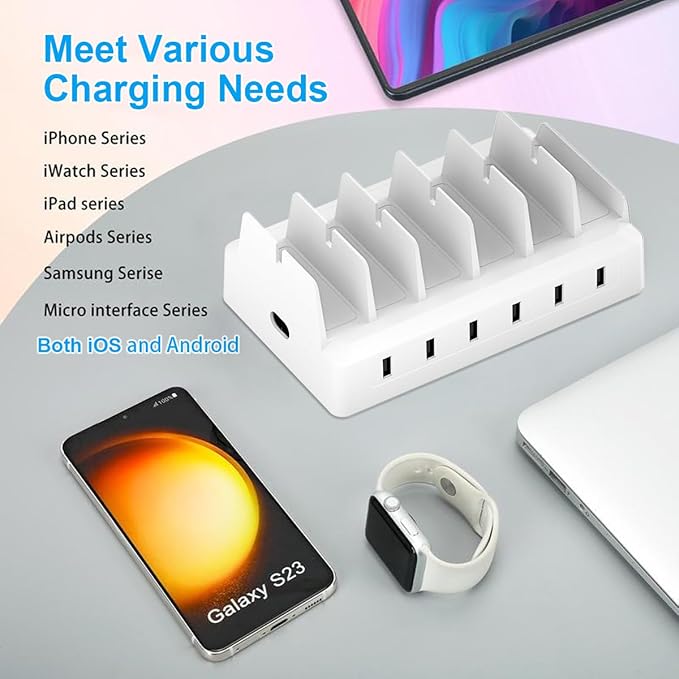 Charging Station for Multiple Devices, 6 Port USB Desktop Charger Dock Compatible with iPad, Samsung, Android, Tablet, Family Multi Phone Charging Organizer with Divider Holders, Fireproof ABS (White)