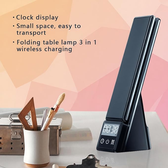 AYI Multi-Functional Wireless Charging Lamp with LED Display, Alarm Clock, 3 Color Light Modes, Foldable & Portable, 15W Fast Wireless Charger Stand for Smartphones, Smartwatches, Earbuds, N61 Black.