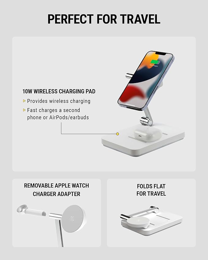 Scosche MagicMount Base MS Foldable Fast Wireless Charging Station for Desk, Phone Charger for MagSafe iPhone 16/15/14/13/12/AirPods Pro with Apple Watch Charger Stand