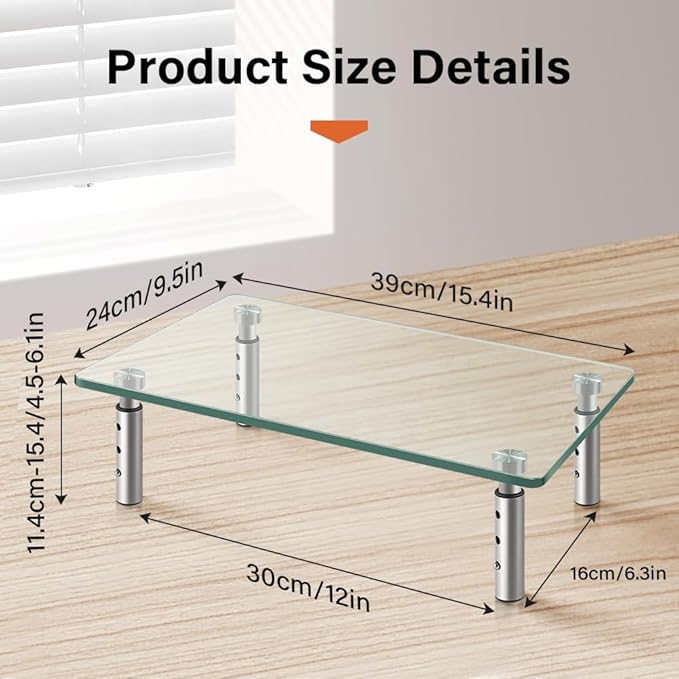 KKTONER GLASS Monitor Stand with Height Adjustable for Home Office 2 Pack Computer Monitor Riser PC Screen Riser for Desk Organzier Laptop