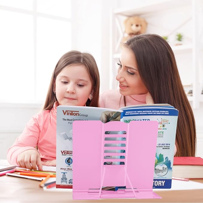 Honagu Book Stand Metal Desk Book Holder, Book Holders for Reading Hands Free, Adjustable Cookbook Documents Holder, Portable Bookstand for Music Books, Textbook, Recipe, Tablet, Ipad (Pink)