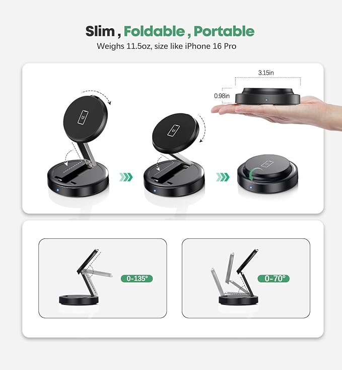 Magnetic Wireless 15W Fast Mag Safe Charger Pad for iPhone 17 Pro Max/17 Pro/17 Air/17/16/15/14/13/12 Series Foldable Charging Station Apple Mag-Safe Charger for AirPods 3/2/Pro 2/Pro