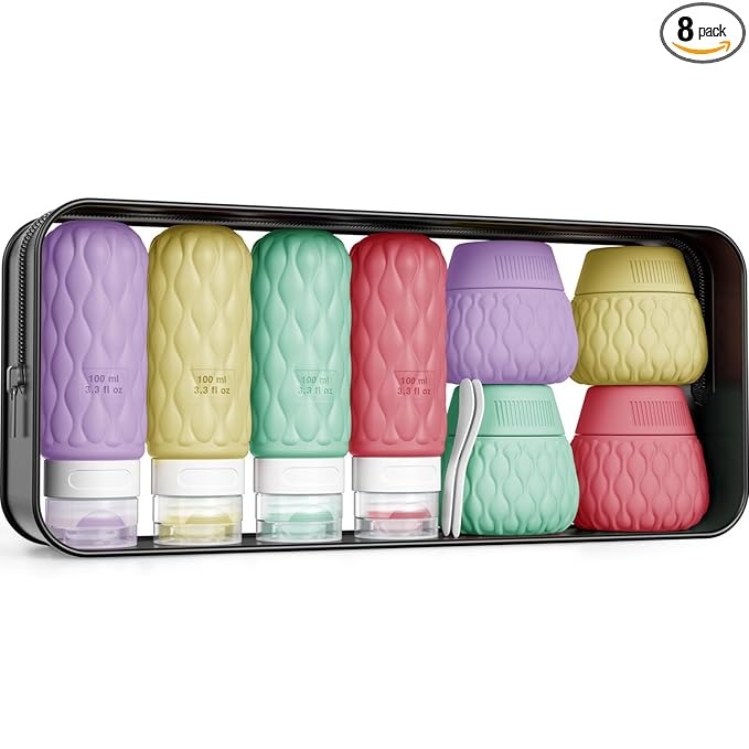 Silicone Travel Bottles for Toiletries 8 Pack Travel Size Toiletries 3.4 oz 1.7 oz, Leakproof Squeeze Travel Size Containers Refillable Cosmetic Jars Set for Shampoo, Conditioner, Creams