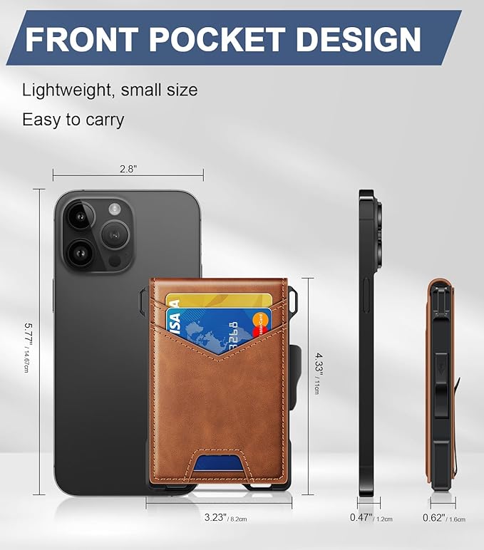 GHUKY Wallet for Men, Minimalist Slim Mens Wallet with Money Clip, RFID Blocking Smart Pop Up Card Wallet with ID Window, Compact Bifold Wallet, Metal Aluminum Credit Card Holder（Brown）