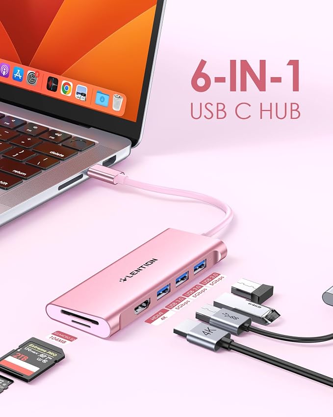 LENTION USB C Hub with 4K HDMI, 3 USB 3.0, SD/Micro SD 3.0 Card Reader, Compatible MacBook Pro/Air, Mac, Surface, Chromebook, iPhone17/16/15 Pro Max, More (Rose Gold)