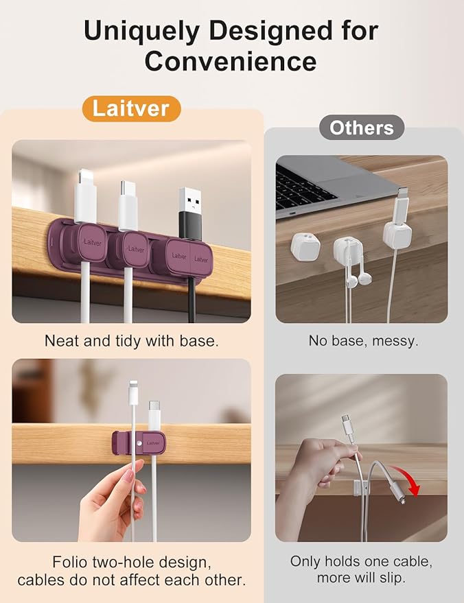 6 Pack Magnetic Cable Clips [1s Open/Lock], Laitver Cord Organizer Holder Strong Adhesive Desk Cable Management- Organize Charging Cords Neatly for Home, Office, Car,Desk, Nightstand-Dark Purple