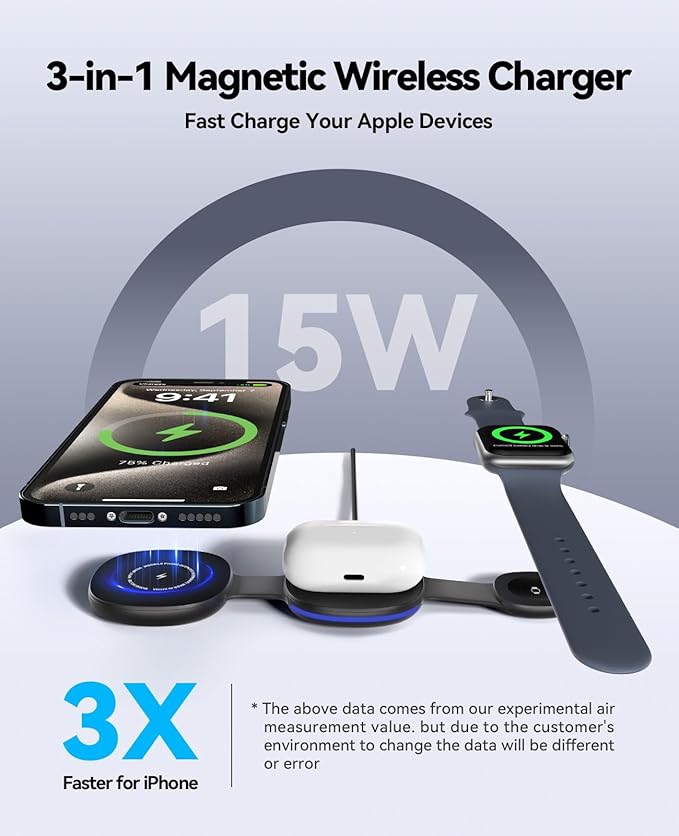 3-in-1 MagSafe Wireless Charger for Apple Devices, 15W Fast Charging Foldable Travel Charging Station Compatible with iPhone 17/16/15/14/13/12 Series, Apple Watch, AirPods