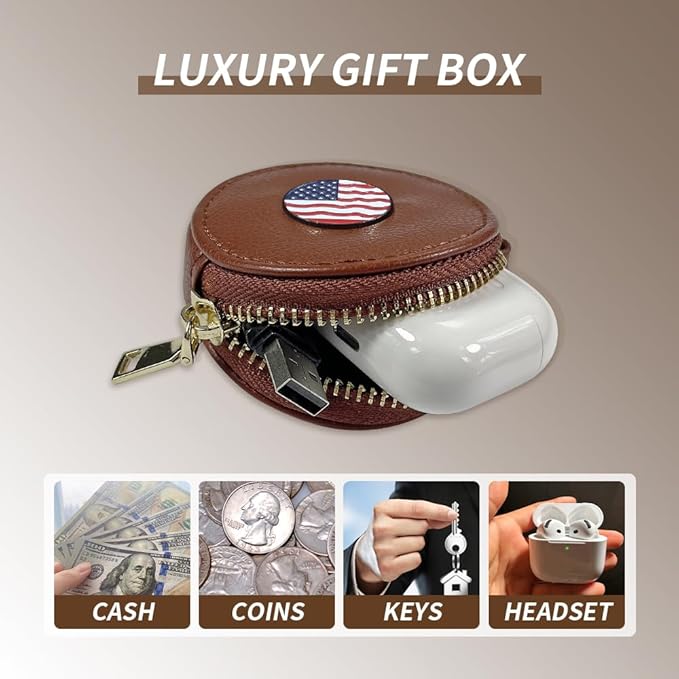 Coffee PU Leather Round Zipper Coin Purse, Badge Wallet with Braided Wrist Strap, Wallet Purse Shoulder Bag, Leather Wallet, Coin Pouches for Women (American Flag)
