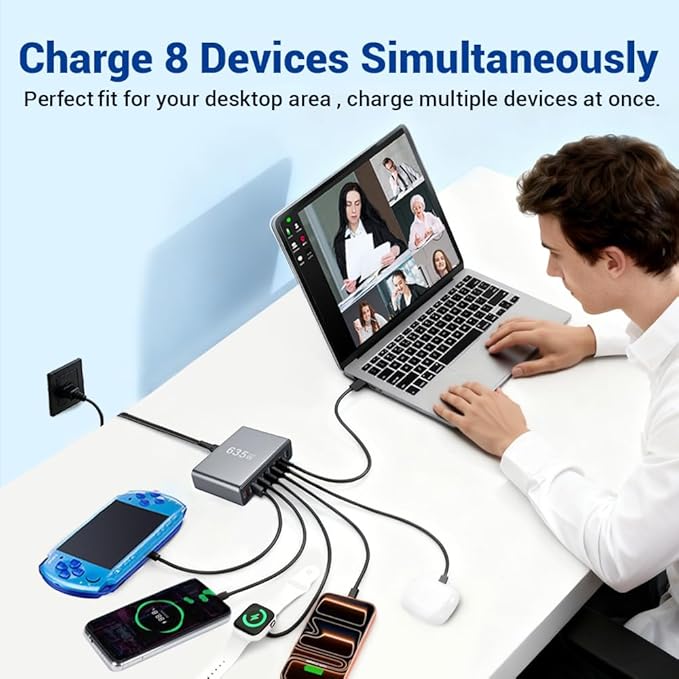 635W GaN Super Fast Charging Station for Multiple Devices,8 Port USB C Charger Stations for iPhone,iPad,MacBook,Tablet,Android Cell Phone,Type C 200w Desktop Multi-Device Charging Hub Block