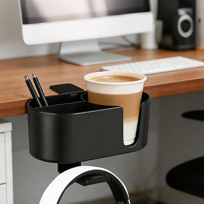 MYITYARD 4 in 1 Desk Cup Holder, Clamp On Drink Holder with Headphone Hanger, Anti-Spill Clip on Desk Organizer for Pen Phone Mug, Gaming Office Desk Accessories fits Most Desks