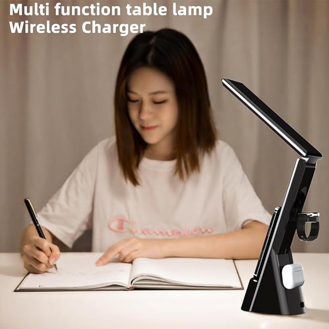 IHAO 6in1 Multifunctional Foldable LED Desk Lamp with Wireless Charger Digital Alarm Clock Eye-Care Lighting 3 Color Modes 15W Qi Charger for Phone/Headphones Compatible with iWatch Charger-N61 White