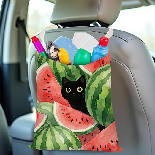 Black Cat Car Trash Bag, Watermelon Car Trash Bag Hanging, Watermelon Accessories, Summer Decor Waterproof Cars Back Seat Hanging Organizer Garbage Can for Vehicle Travelling Camping