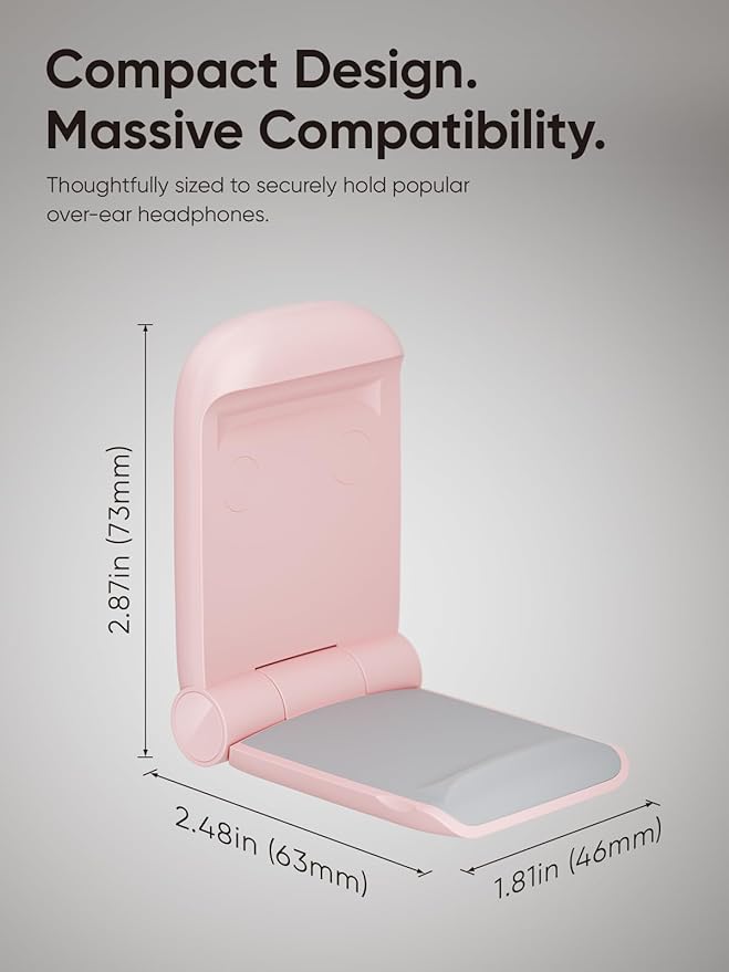 MAMUVIMO Headphone Stand, 2 Pack Headset Stand Foldable＆Sticky, Headphone Holder Hook Mount with Non-Slip Silicone, Adhesive Earphone Desk Hanger Clip Space-Saving for Airpods Max, All Earphones-Pink