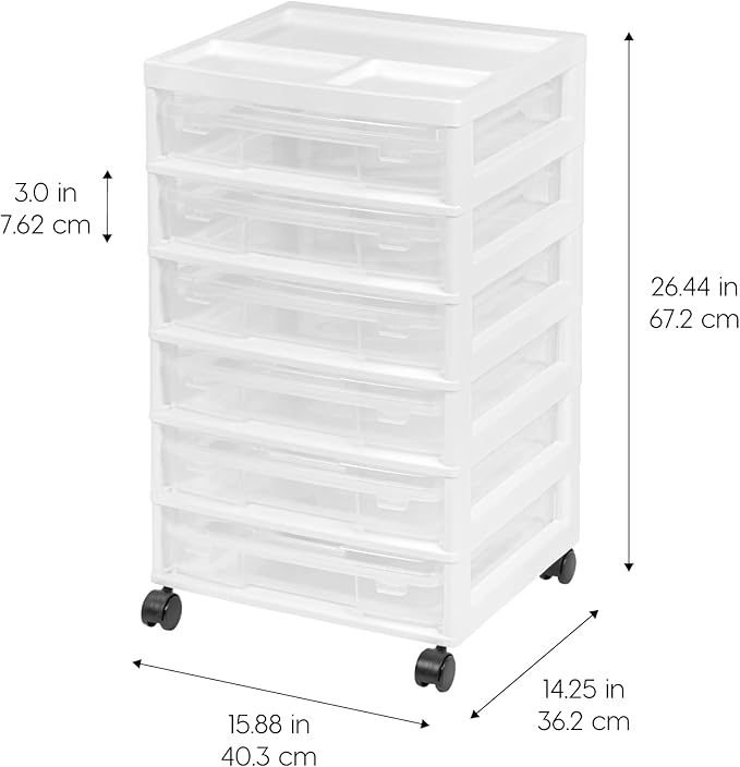 IRIS USA Fits 12" x 12" Paper, 6-Tier Scrapbook Rolling Storage Cart with Organizer for Stationery Vinyl Tools Office Art and Craft Supplies, Yarn, 6 Clear Cases w/Built in Handle - White/Clear