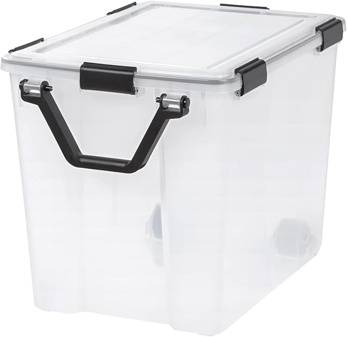 IRIS USA WeatherPro 103 Qt Storage Bins with Lids, 4 Pack, BPA-Free Plastic Gasket Box with Tight Latch and Seal, Stackable Nestable Tote Tub - Clear/Black