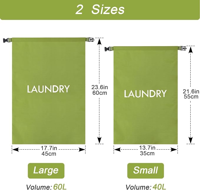 2 Pack Waterproof Travel Laundry Bag Set, Roll-Top Wet Dry Bag for Odor Control & Separating Dirty Clothes, Packable Space Saver Organizer for Gym, Swimming & Cruise Suitcases