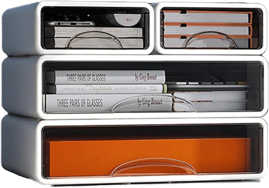 Desk Organizer with Drawers, Stackable Storage Drawers with Compartments Desktop Organization for Office Supplies, Makeup, Pencils, Tape, Erasers, Paperclips, Chargers (White 2S2M)