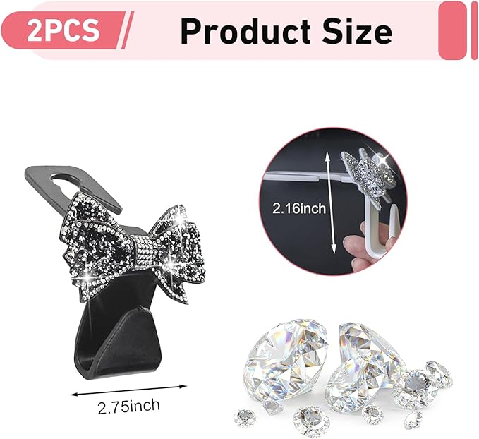 2 PCS Car Headrest Hooks, Cute Bowknot Auto Seat Back Hangers for Purses Bags Coats, Bling Rhinestone Interior Storage Organizer Hooks, Universal for Cars SUVs Trucks (Black)