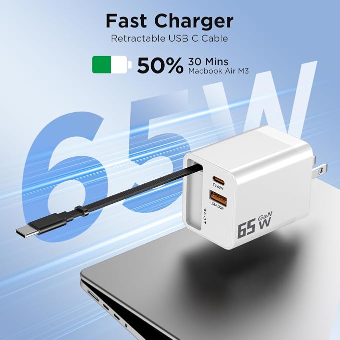 65W GaN USB C Charger Block with 2.3FT Retractable Cable, 3-Port Fast Wall Plug (2 USB-C & 1 USB-A) for iPhone 17 16 15, Samsung Galaxy S25, MacBook Pro/Air, Travel (White)