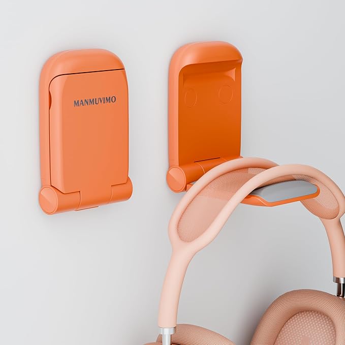 MAMUVIMO Headphone Stand, Headset Stand Foldable ＆ Sticky, Headphone Holder Hook Mount with Non-Slip Silicone, Adhesive Earphone Desk Hanger Clip Space-Saving for Airpods Max, All Earphones- Orange