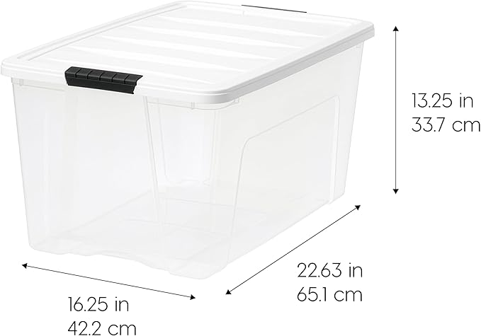 IRIS USA 72 Qt Stackable Plastic Storage Bins with Lids, 4 Pack - BPA-Free, Made in USA - See-Through Organizing Solution, Latches, Durable Nestable Containers, Secure Pull Handle - Clear/White