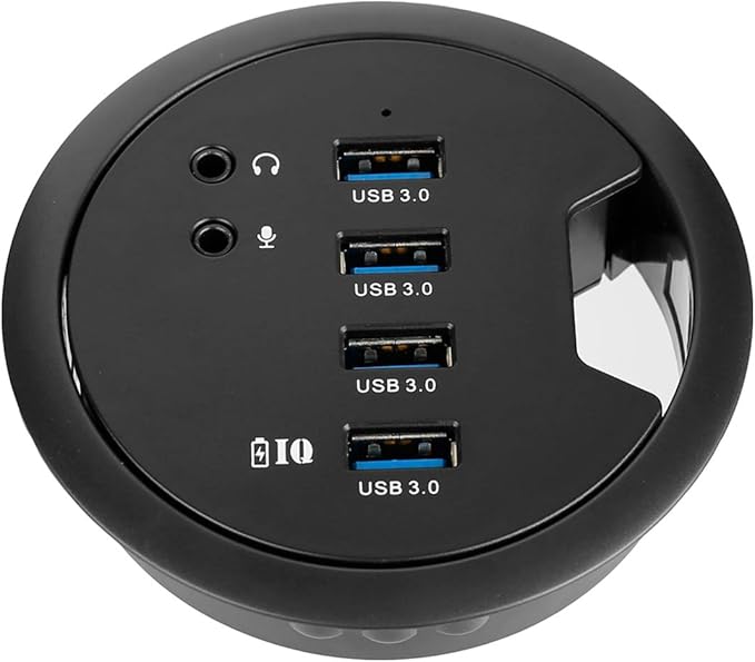 WDX Desk-Fit (Diameter 3.14" or 80MM) 4 Port USB 3.0 Hub with 3.5mm Audio Mic Phone Jack/BC 1.2 USB Charger, 5V/2A Power Adapter for iPhone/Smart Phones(usb3.0 4 Port)(AC Power Supply Included)