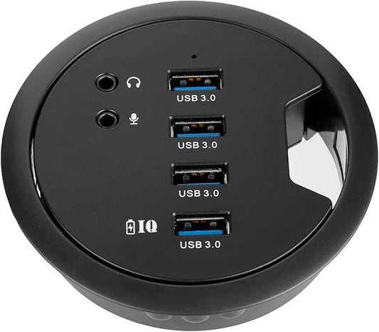 WDX Desk-Fit (Diameter 3.14" or 80MM) 4 Port USB 3.0 Hub with 3.5mm Audio Mic Phone Jack/BC 1.2 USB Charger, 5V/2A Power Adapter for iPhone/Smart Phones(usb3.0 4 Port)(AC Power Supply Included)
