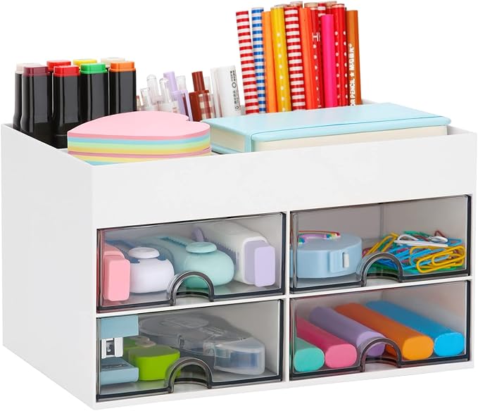 LETURE Desktop Organizer with Drawer, Accessories Stationary Organizer Desk Caddy, Pen/Pencil/Business Card/Sticky Note Tray/Paperclip Holder Storage Box (White)