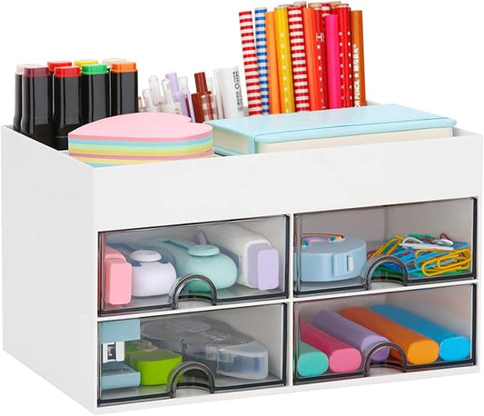 LETURE Desktop Organizer with Drawer, Accessories Stationary Organizer Desk Caddy, Pen/Pencil/Business Card/Sticky Note Tray/Paperclip Holder Storage Box (White)