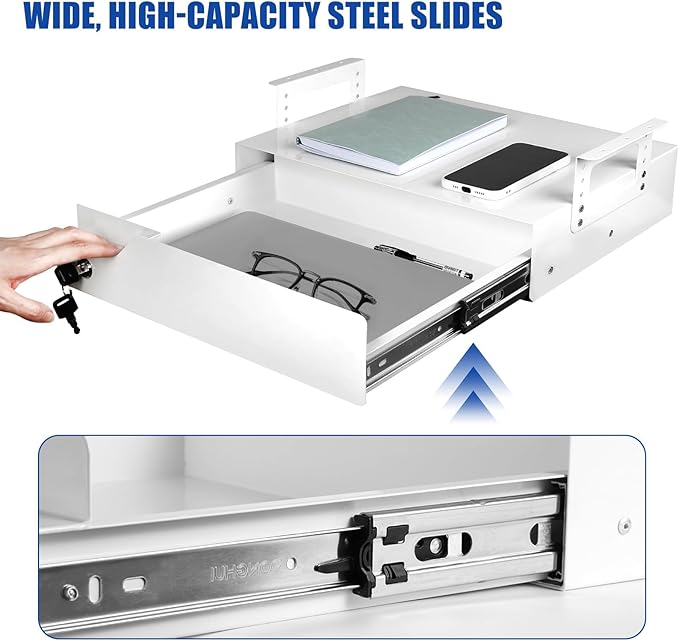 Under Desk Drawer Storage with Lock, Metal Undermount Table Drawer, Ball Bearing Slides Out Tray Organizer for Paper, Pencil, and Laptop 17.3"x11.8"x5.4", White with Adjustable Brackets