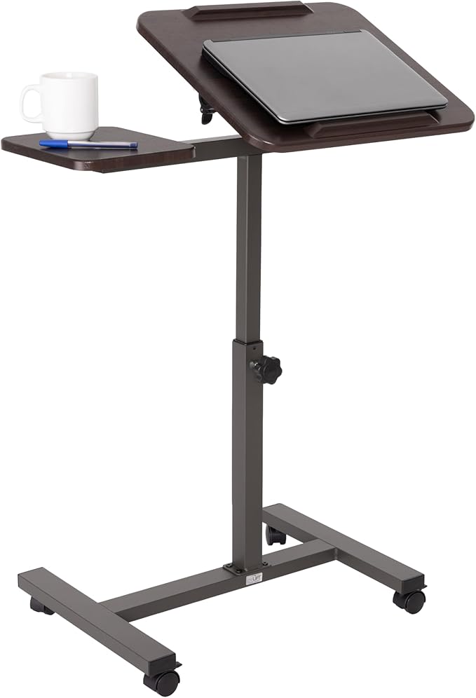 Seville Classics Airlift Height Adjustable Mobile Rolling Laptop Cart Computer Workstation Desk, Table for Home, Office, Classroom, Hospital, w/Wheels, Walnut, Tilt w/Side Table (28") (New Model)