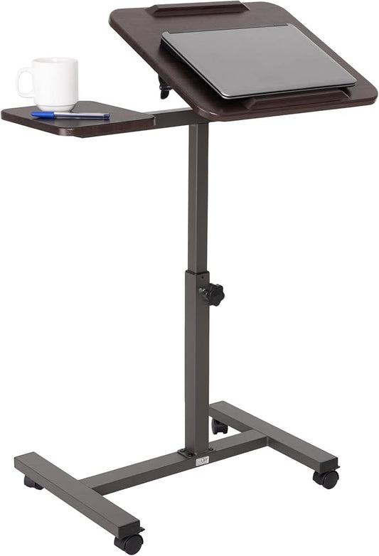 Seville Classics Airlift Height Adjustable Mobile Rolling Laptop Cart Computer Workstation Desk, Table for Home, Office, Classroom, Hospital, w/Wheels, Walnut, Tilt w/Side Table (28") (New Model)