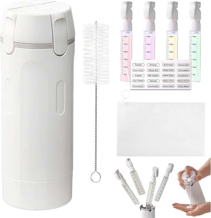 4 in 1 Travel Dispenser, 4 Pack 30ML Leak Proof Travel Size Bottles with Stickers, Brush & Storage Bag, Refillable TSA Approved Travel Toiletry Container Set for Shampoo, Lotion, Conditioner (White)