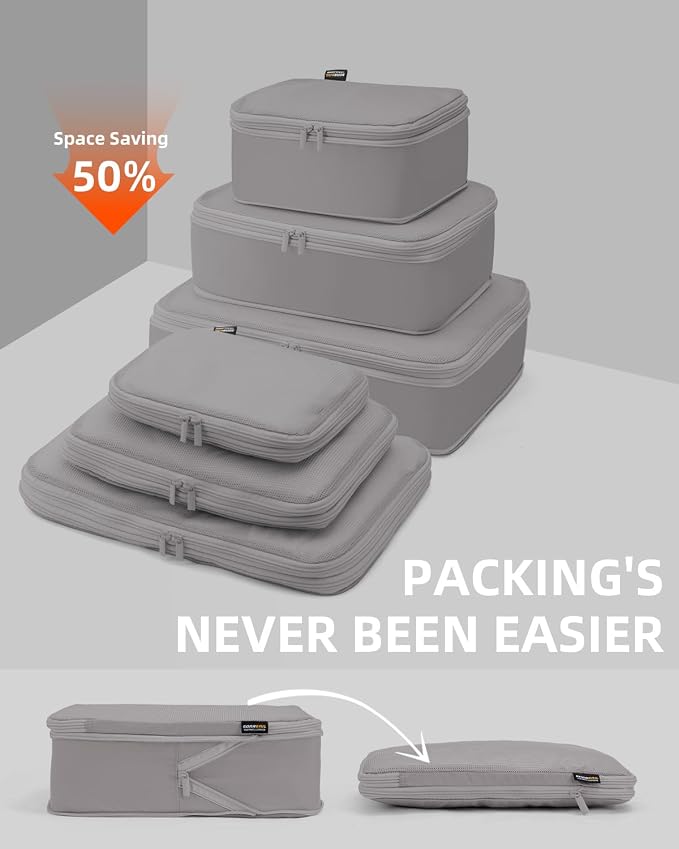 Compression Packing Cubes for Travel, 6-Piece Set (Large/Medium/Small), Double-Zip Luggage Organizers for Suitcase & Carry-On, Clothes Storage Bags (Silver Gray, 6 Pack)