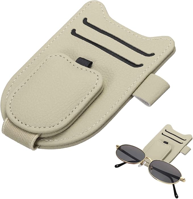 HARFINGTON 1 Pcs Sunglass Holder for Car Magnetic Leather Glasses Holder Universal Visor Sunglasses Clip Car Accessories Interior for Glasses Ticket Cards,Light Brown